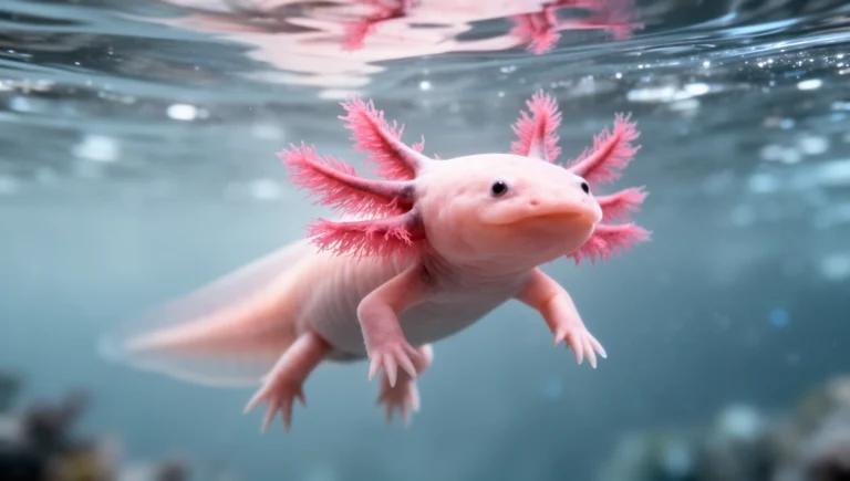 Axolotl with vivid pink feathery external gills floating in clear water - fun facts about axolotls