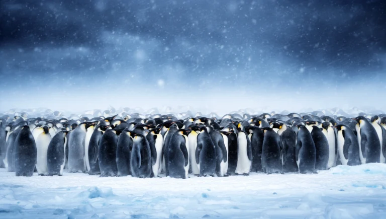 Emperor penguins huddling together in a massive group on the Antarctic ice in a blizzard - fun facts about penguins
