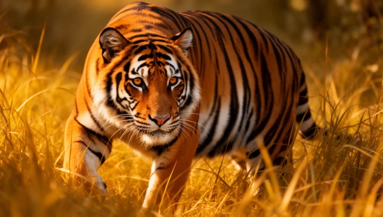 Bengal tiger with vivid orange and black stripe coat stalking through tall jungle grass - fun facts about tigers