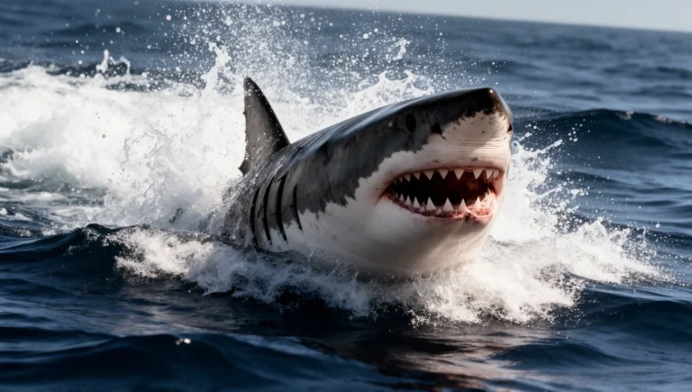 Great white shark breaching the surface with open jaws showing rows of teeth - fun facts about sharks