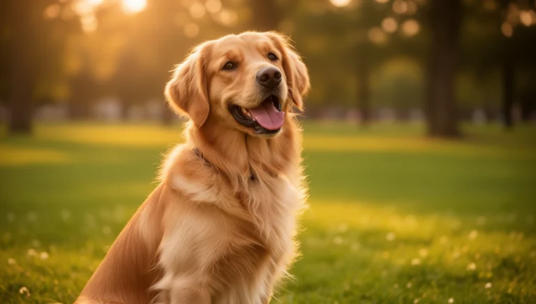 A happy golden retriever dog sitting in a sunlit park, illustrating fun facts about dogs
